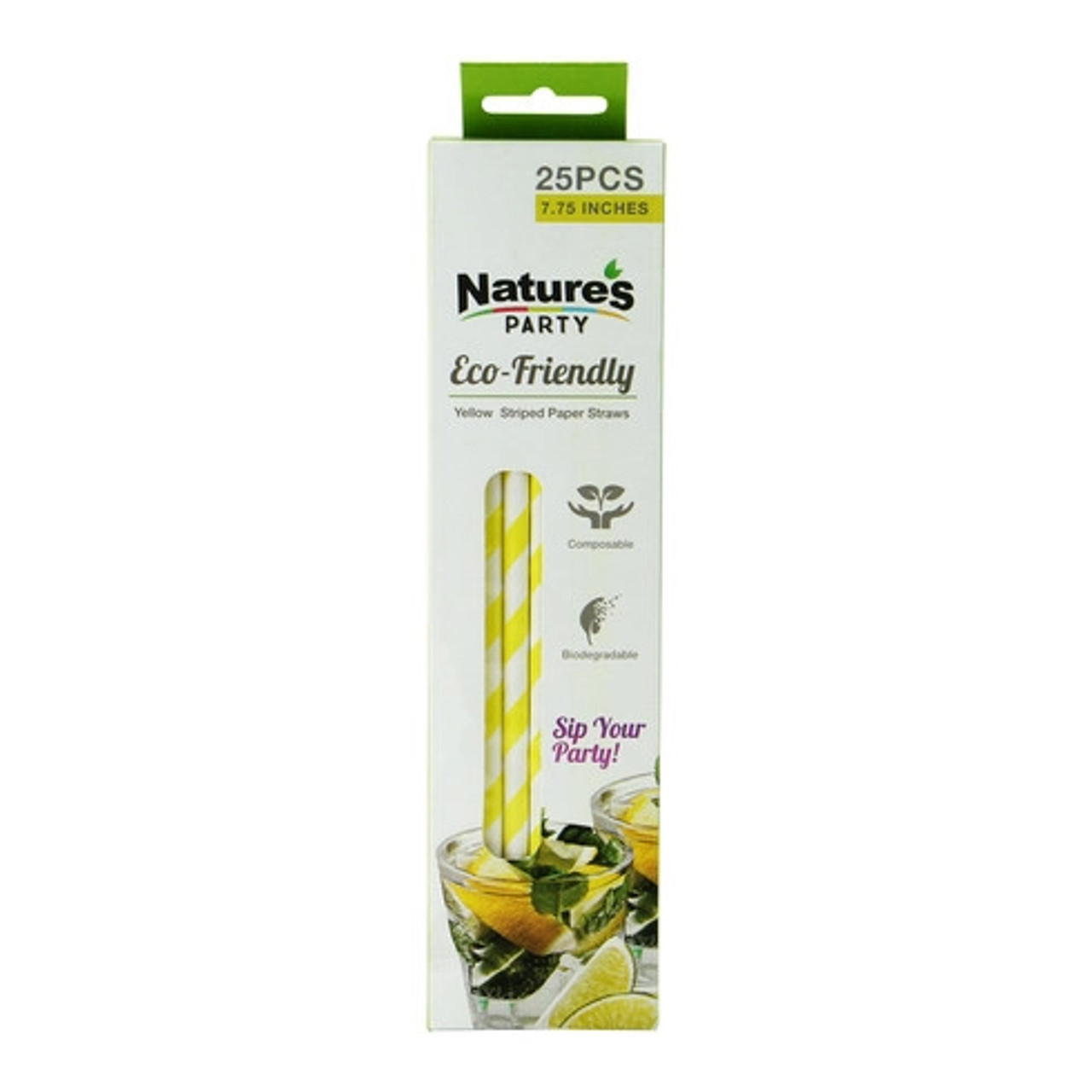 Durable Yellow & White Striped Paper Straws - Unwrapped D:0.23in L:7.75in - 25 pcs