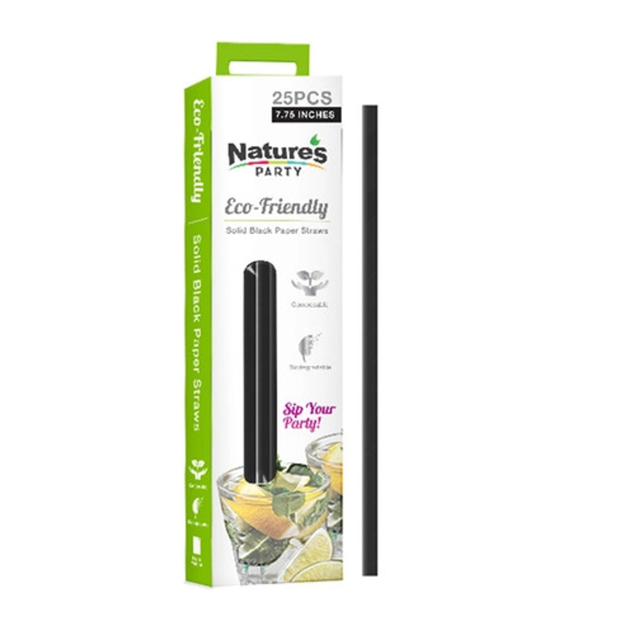 Durable Full Black Paper Straws - Unwrapped D:0.23in L:7.75in - 25 pcs