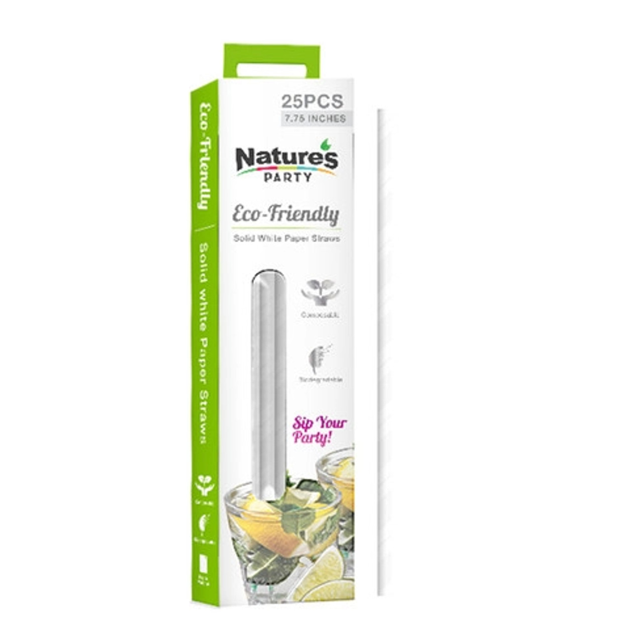 Durable Full White Paper Straws - Unwrapped D:0.23in L:7.75in - 25 pcs