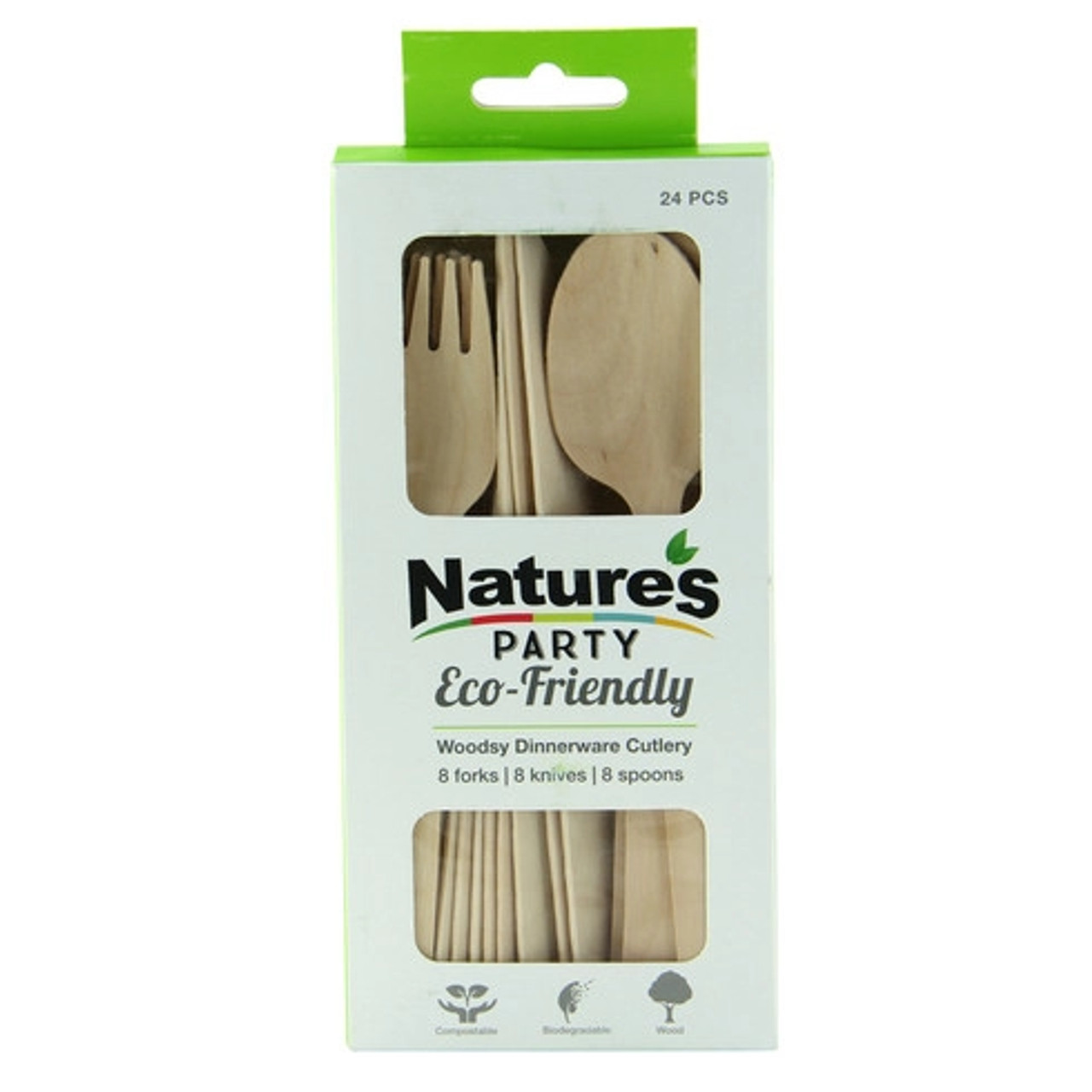 WOODSY Wooden Cutlery Kit (8 Forks / 8 Knives / 8 Spoons) L:6.5in W:0.8in - 24 pcs