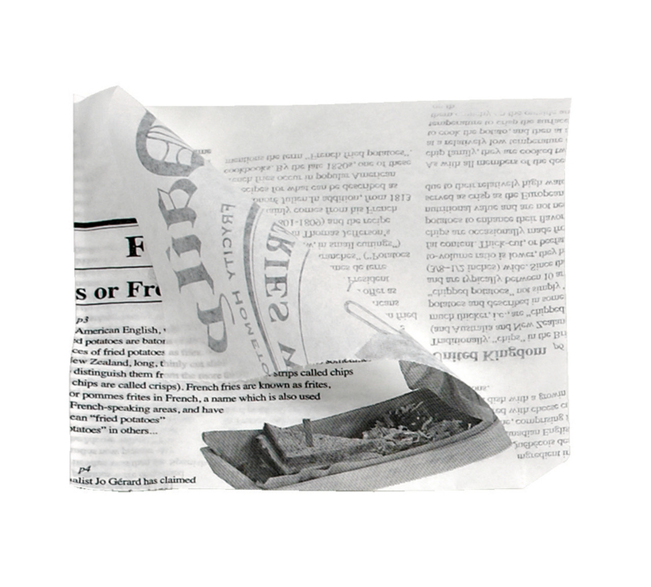 White Bag Opens 2 Sides with Newspaper Design 5.1 x 6.3in - 1000 pcs