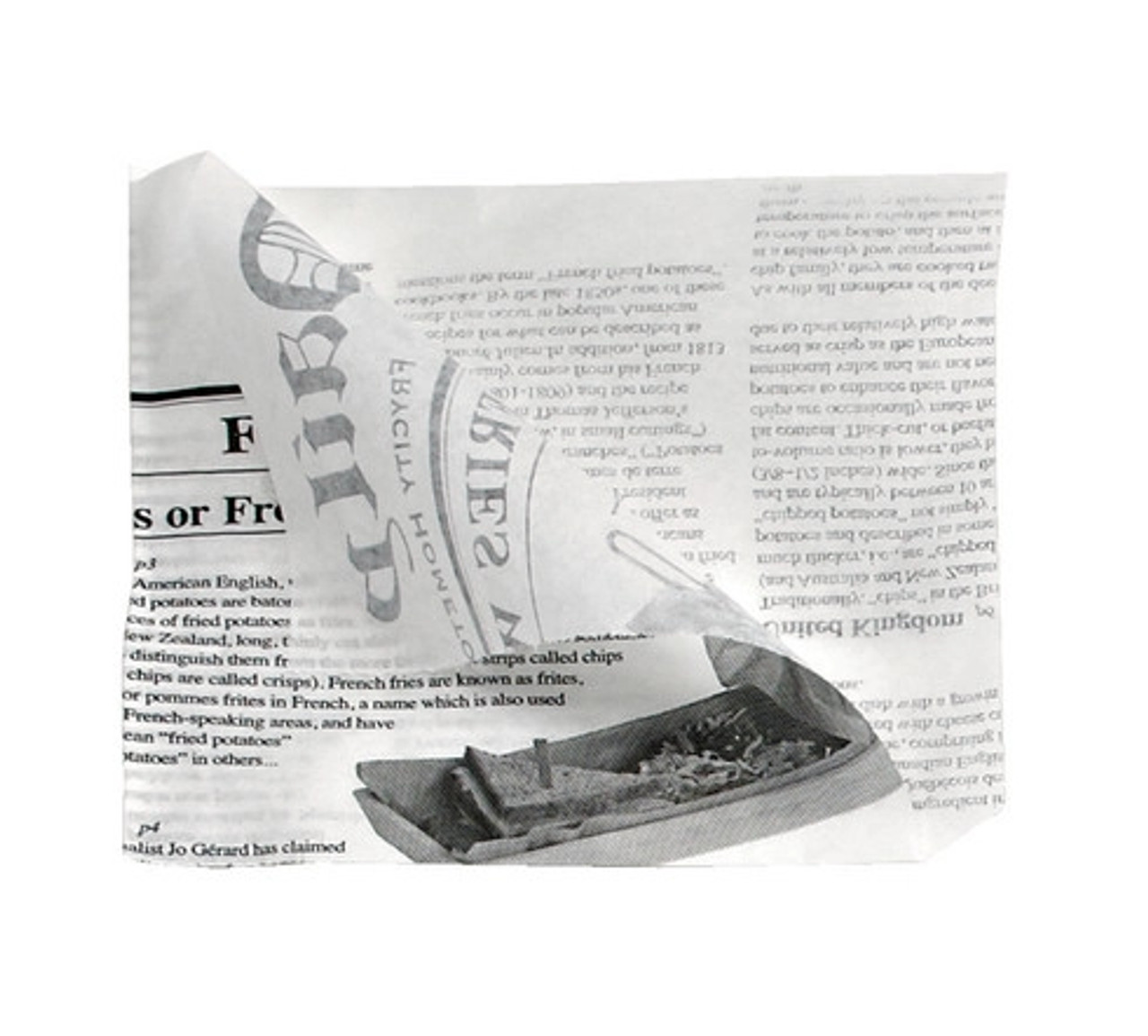 White Bag Opens 2 Sides with Newspaper Design 5.1 x 6.3in - 1000 pcs