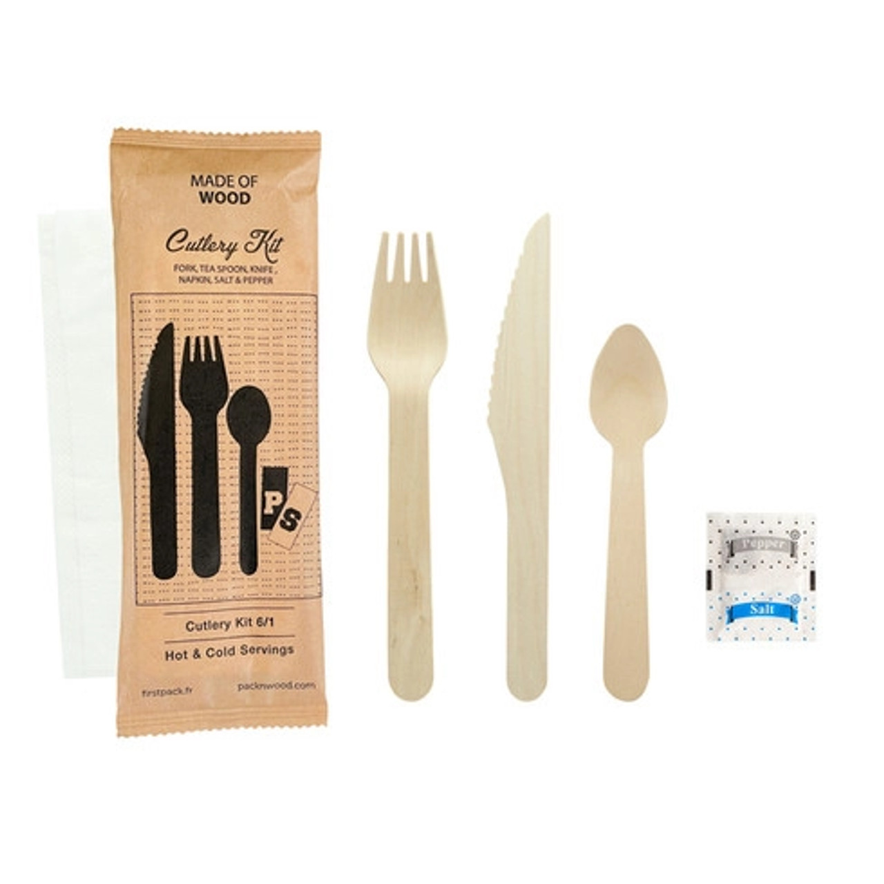 Wooden Cutlery 6/1 kit (Knife + Fork + Tea Spoon + Napkin + Salt & Pepper) L:6.2in - 50 pcs