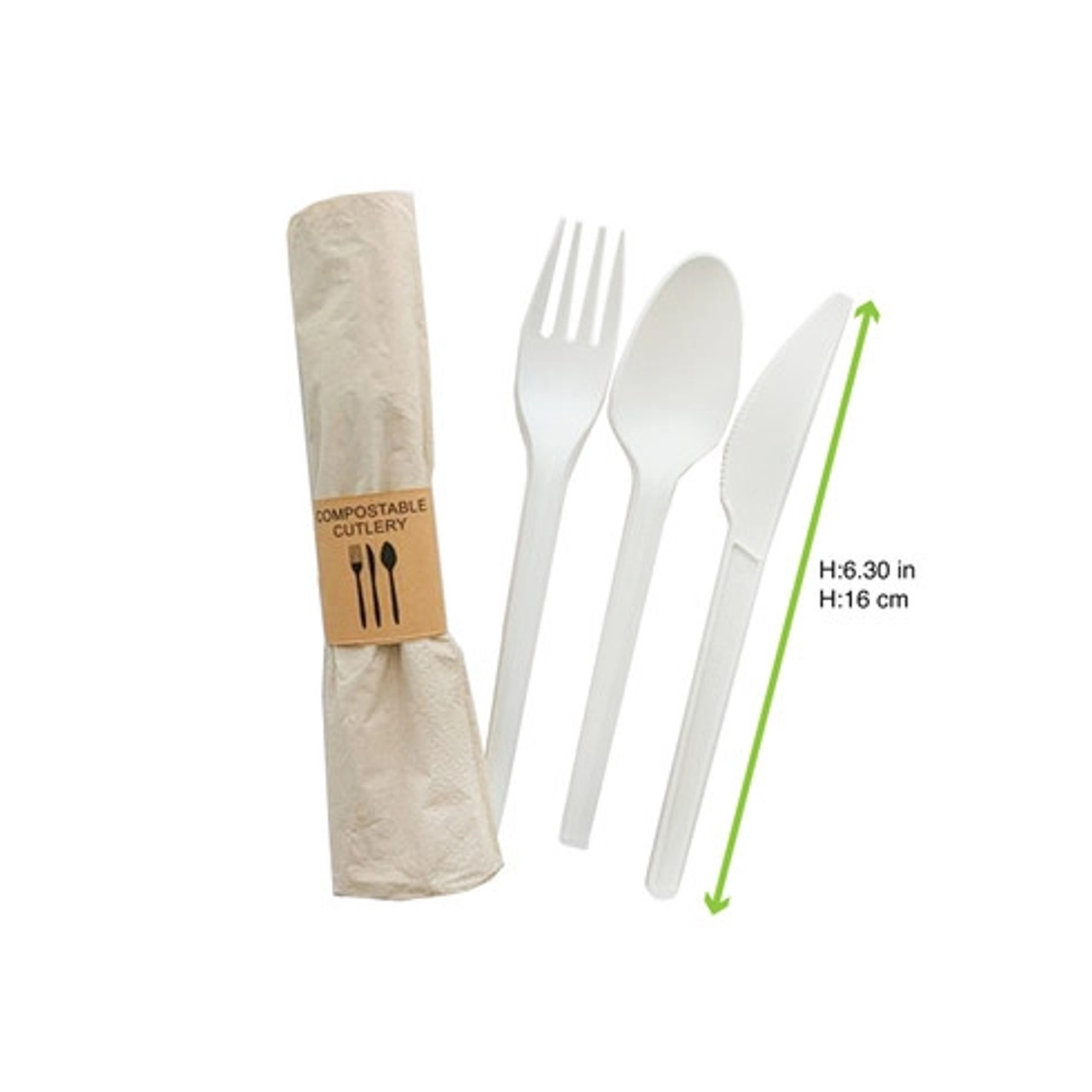 Compostable White 4/1 Cutlery Kit With Napkin Wrapper (Knife, Fork, Spoon, Napkin) L:6.30in - 250 pcs
