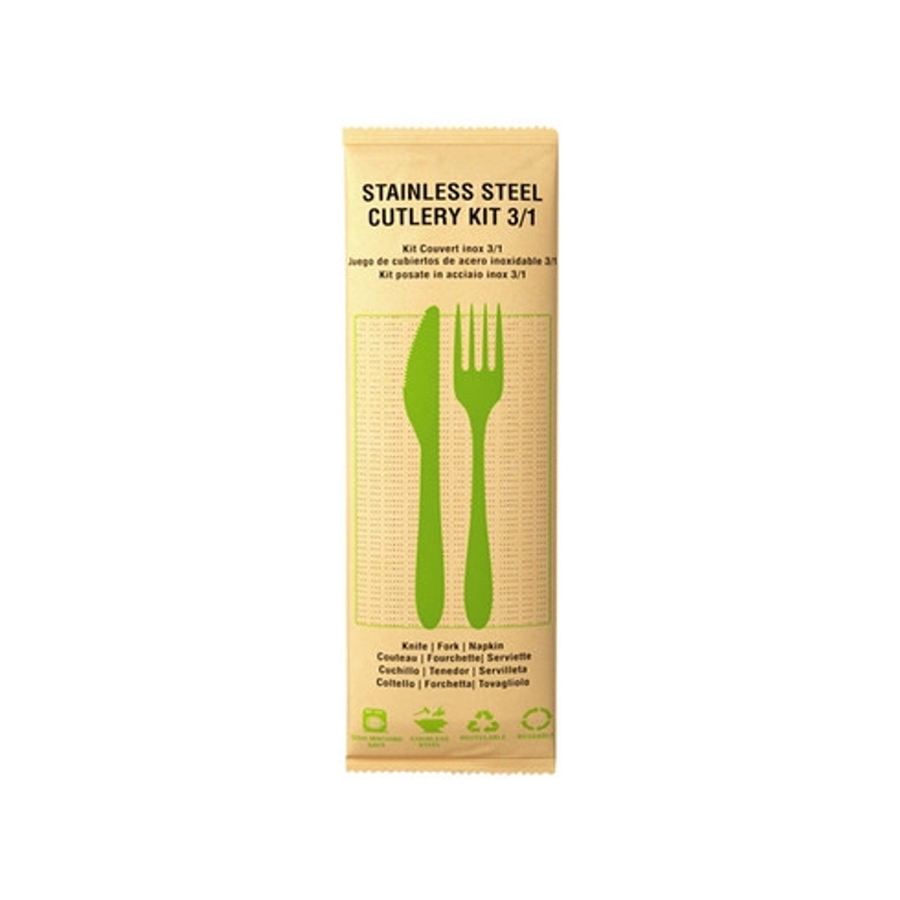 3/1 Reusable Stainless steel cutlery kit with paper wrapped L:8.17in - 250 pcs