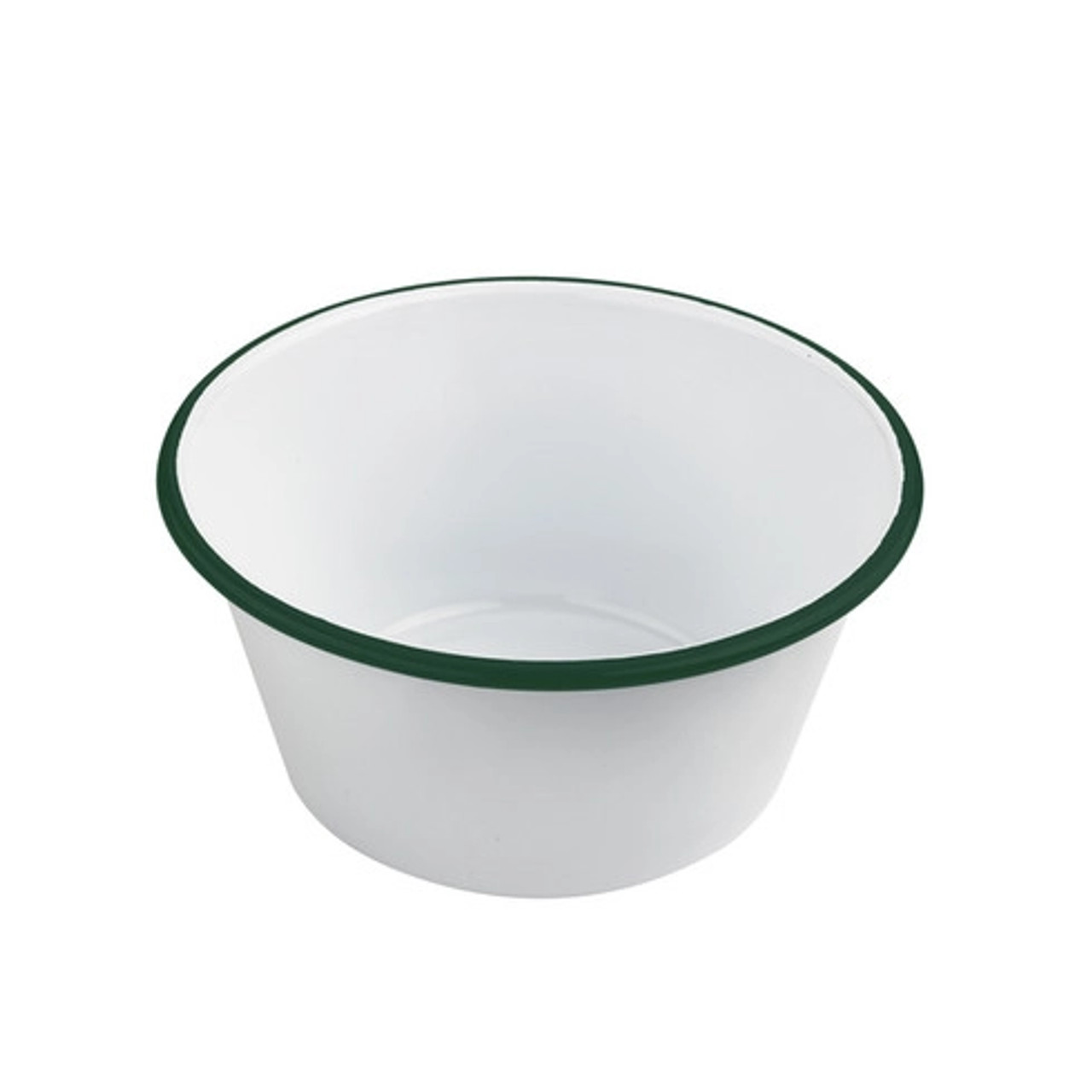 Enamel reusable deep bowl straight side white w/green rim 51oz D:7.1in H:3.5in - 12 pcs