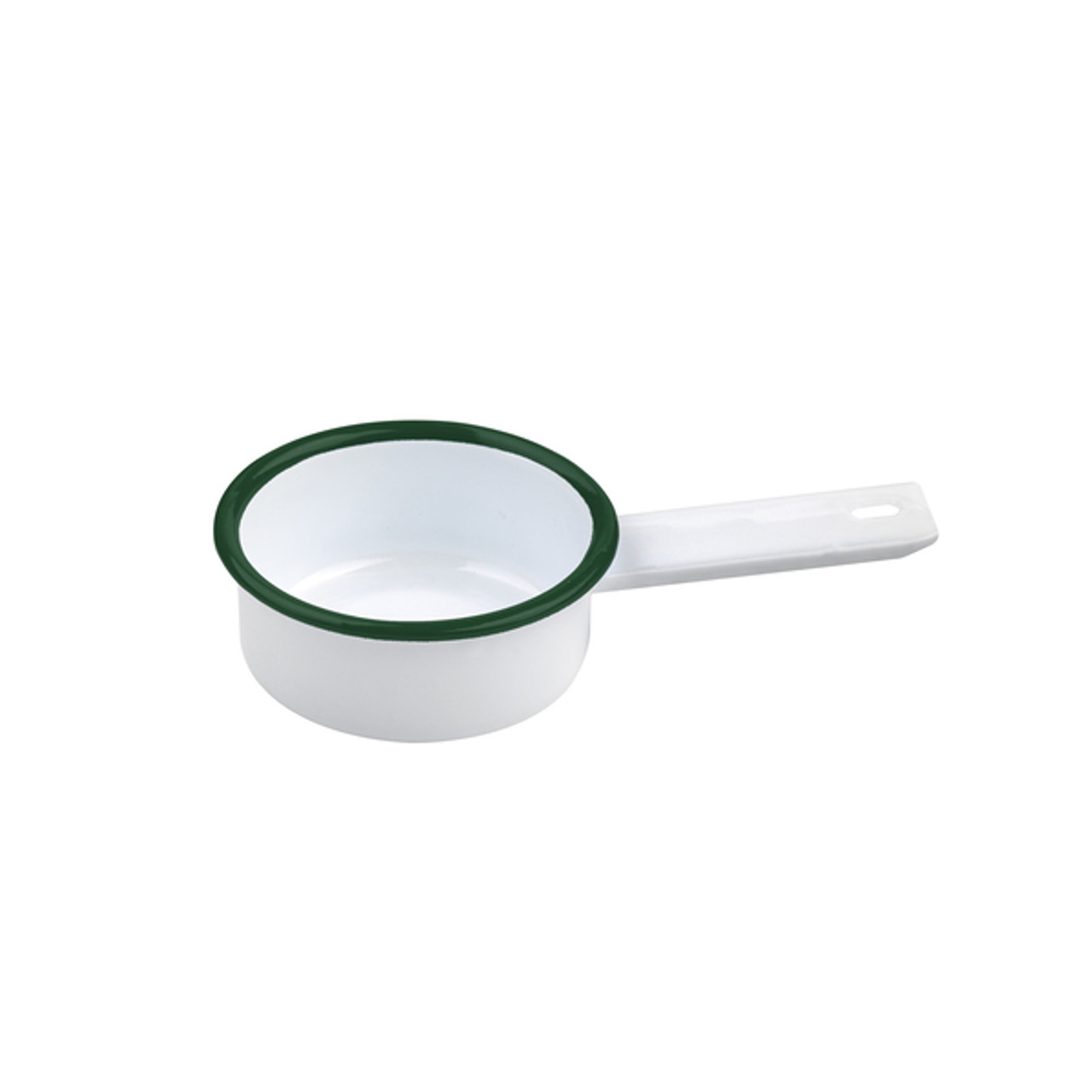 Enamel reusable mini saucepan white w/green rim 3oz H:1.18in - 12 pcs