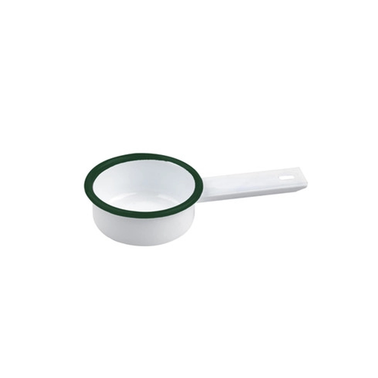 Enamel reusable mini saucepan white w/green rim 2oz D:2.75in H:1.14in - 12 pcs