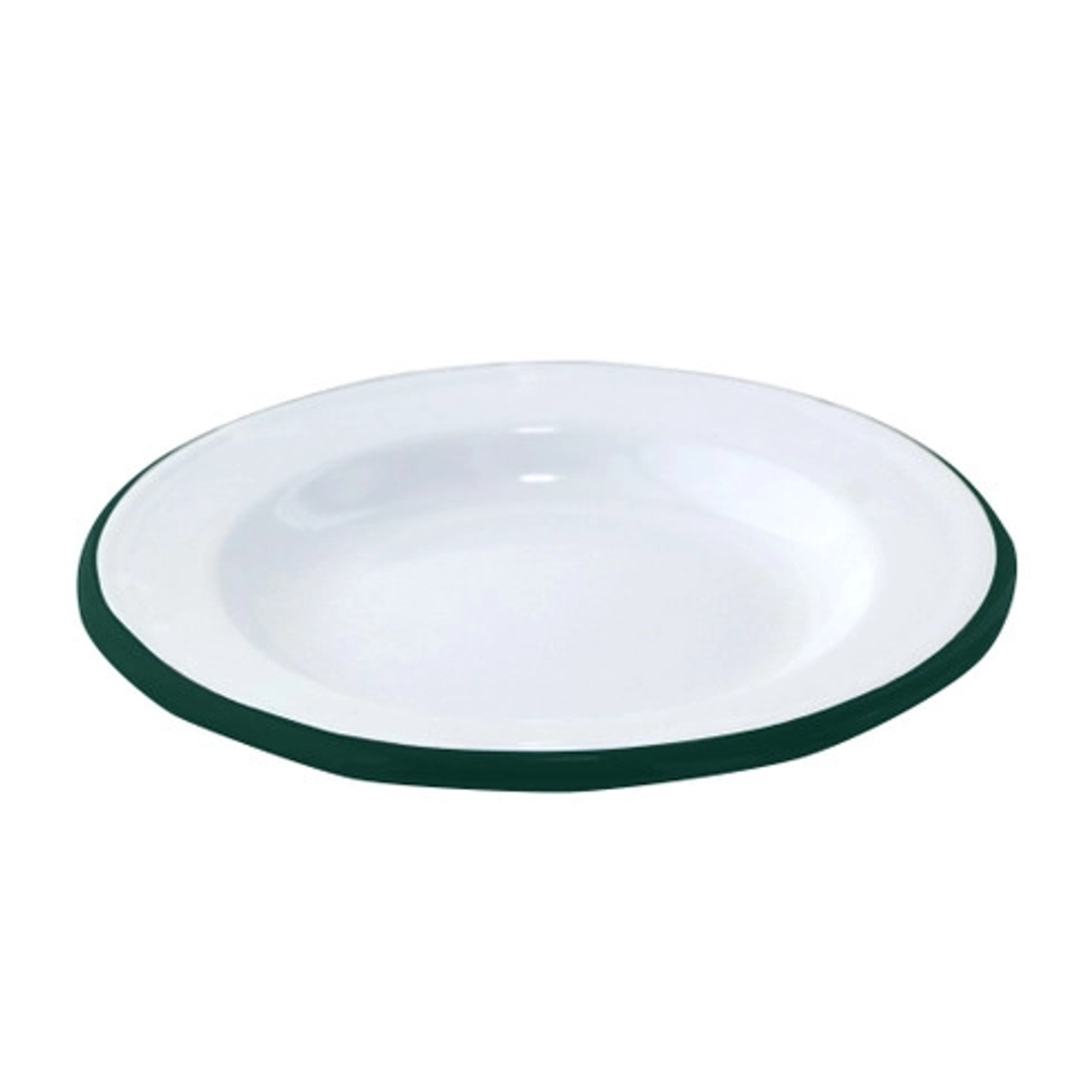 Enamel reusable plate white w/green rim D:7.1in H:1in - 12 pcs