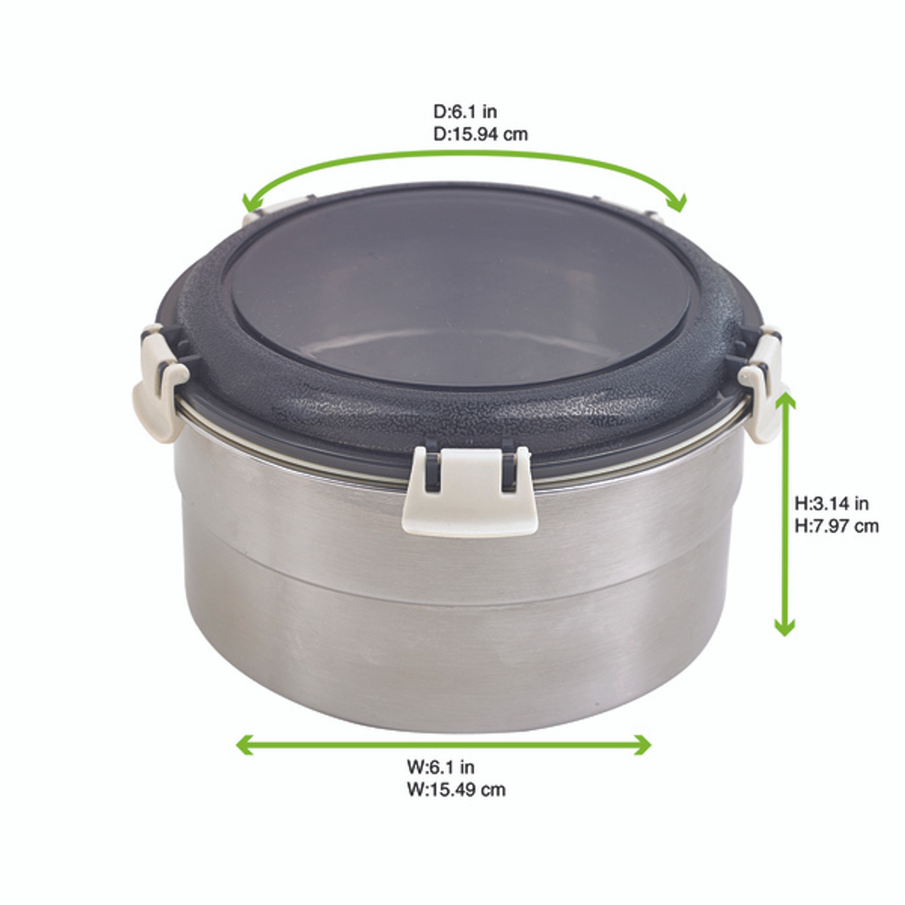 Order a Sample - Noxbox round stainless steel Lunchbox with black PP lid D:6.1in W:6.1in H:3.14in