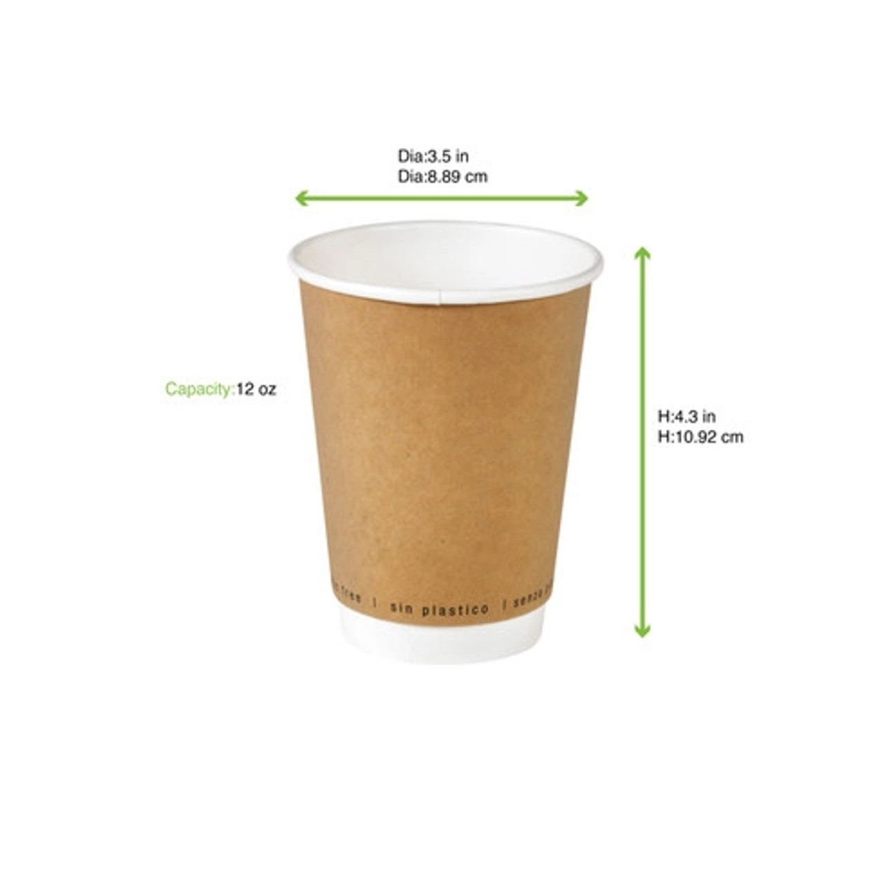 Kraft Double Wall Paper Cup Plastic Free 12oz D:3.5in H:4.3in - 25 pcs