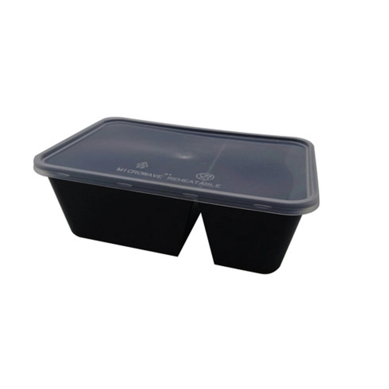 Black rectangular PP plastic 2 compartments box with transparent lid 25oz L:6.9in W:4.7in H:2.4in - 50 pcs