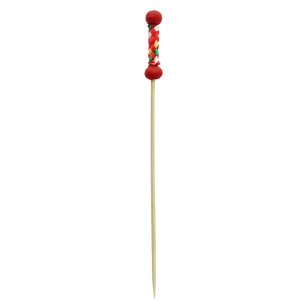 FUJI Bamboo Pick with Natural Beads and Red Design L:4.7in - 100 pcs
