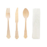 Elegant Wooden Cutlery 4 Piece Set (Fork, Knife, Spoon, Napkin) L:8.5in - 100 pcs