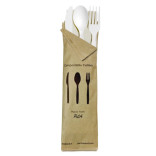 Compostable White 4/1 Cutlery Kit With Kraft Bag (Knife, Fork, Spoon, Napkin) L:6in - 50 pcs
