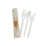 Compostable White 4/1 Cutlery Kit With Napkin Wrapper (Knife, Fork, Spoon, Napkin) L:6.30in - 250 pcs