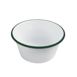 Enamel reusable deep bowl straight side white w/green rim 25oz D:5.5in H:2.6in - 12 pcs Enamel reusable deep bowl straight side white w/green rim 25oz D:5.5in H:2.6in - 12 pcs
