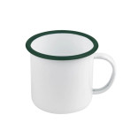 Enamel reusable mug white w/green rim 17oz D:4.7in H:3.5in - 12 pcs Enamel reusable mug white w/green rim 17oz D:4.7in H:3.5in - 12 pcs