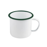 Enamel reusable mug white w/green rim 25oz D:5.1in H:3.9in - 12 pcs