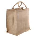 Natural Reusable carrier jute bag with handle W:14.6in Gusset:9.1in H:14.2in - 5 pcs