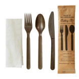 Compostable Coffee Ground 4/1 Cutlery Kit With Kraft Bag (Knife, Fork, Spoon, Napkin) L:7in - 500 pcs Compostable Coffee Ground 4/1 Cutlery Kit With Kraft Bag (Knife, Fork, Spoon, Napkin) L:7in - 500 pcs