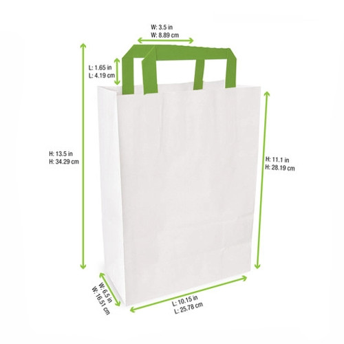 White Paper Bag with Green Handles W:10.3in Gusset:6.6in H