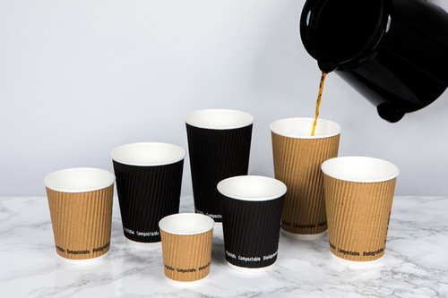 Rippled Black Coffee Cups with Lid 12oz (50pcs)