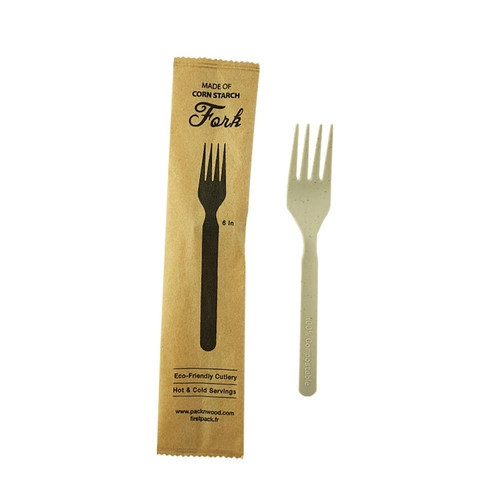 Compostable & Heat Proof Corn - Bamboo Fiber Fork Individually Wrapped In a Paper Wrapper L:6in W:1.97in - 500 pcs