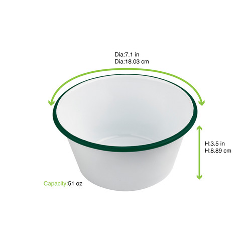 Enamel reusable deep bowl straight side white w/green rim 10oz D