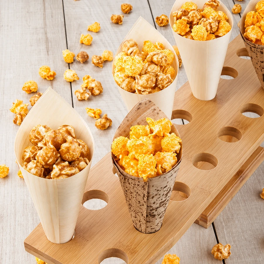 Natural paper cones filled with popcorn