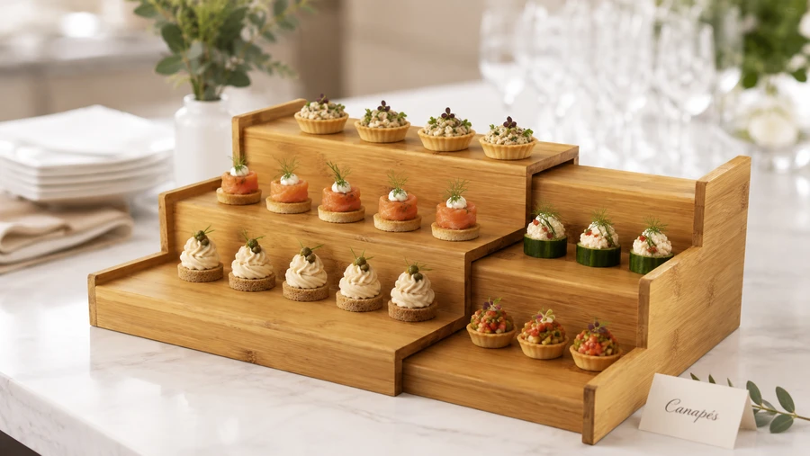 Bamboo serving risers with canap&eacute;s