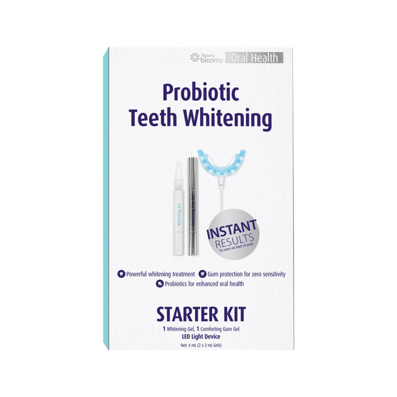 Henry Blooms Oral Health Probiotic Teeth Whitening Starter Kit (2 x 2ml Gels & LED Light Device)