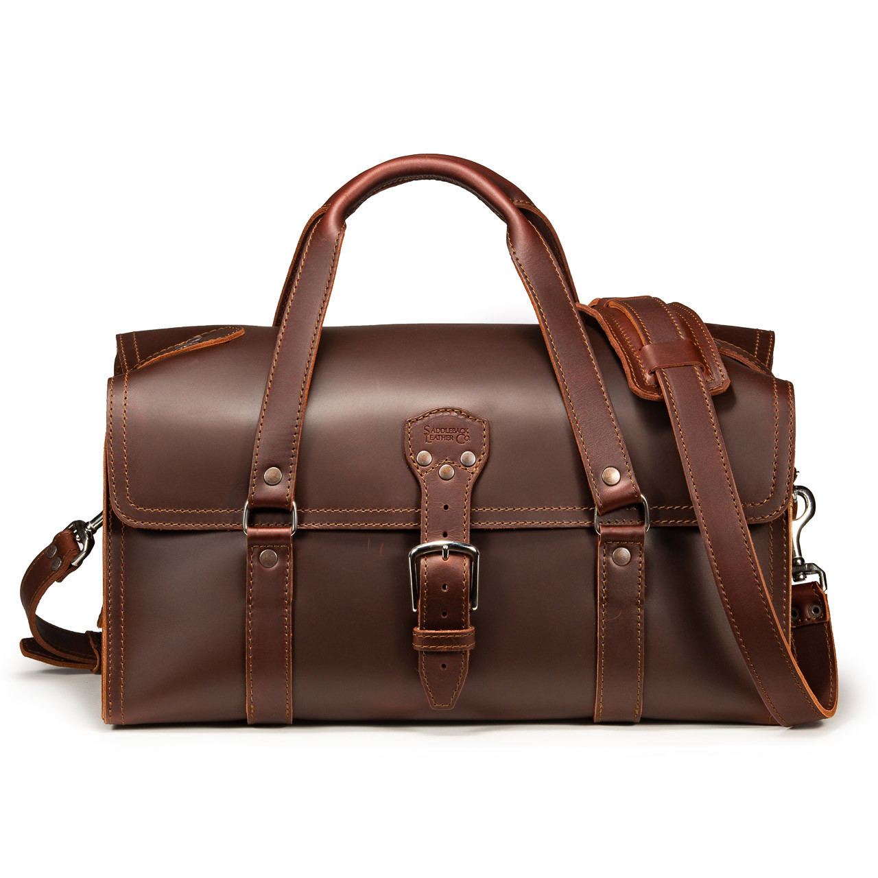 Discover MARS- handmade leather duffle bag with metal zip and belt