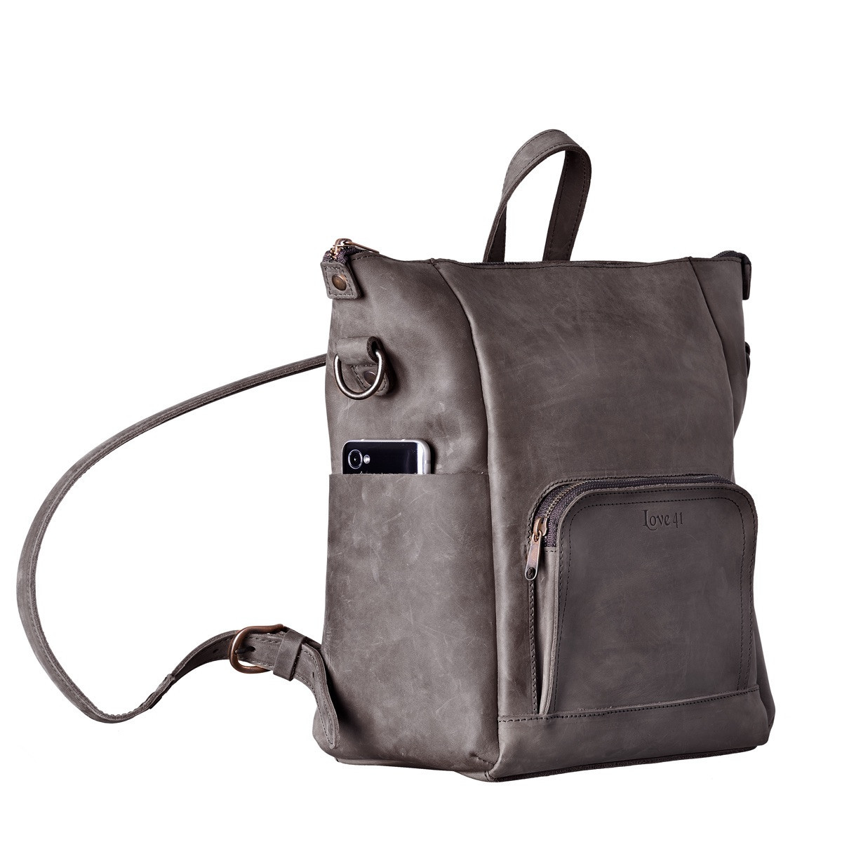 grey leather backpack