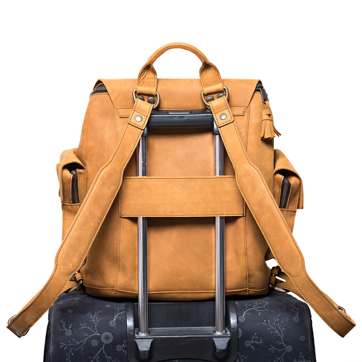 leather backpack with luggage strap