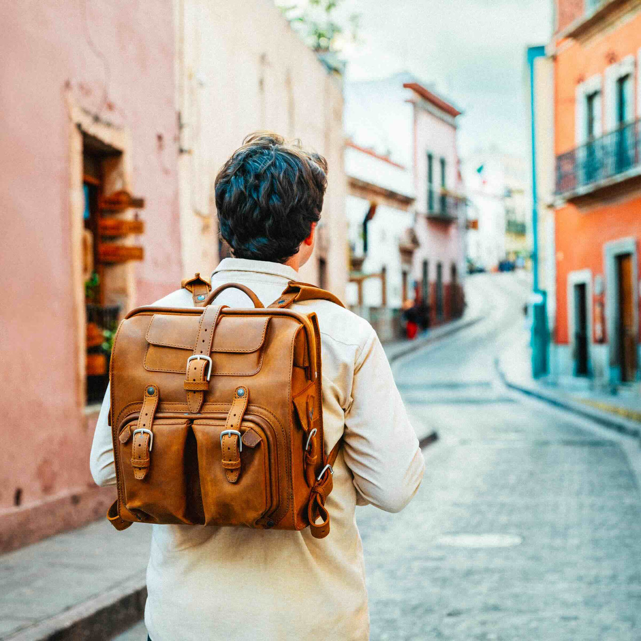 cognac leather backpack Brown Handcrafted two outer pockets Camille Backpack in Cognac