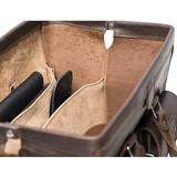 High quality this dark brown leather briefcase is wide open  with a tan lining for lawyers.