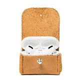 High quality front image of the tan Leather AirPod Pro Case open with the AirPod Pro Case open.
