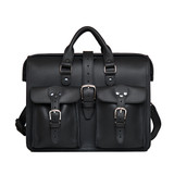 High quality black flight bag leather briefcase with two handles, a shoulder strap, and two front pockets. Made by Saddleback