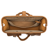 High quality inside of the tan leather flight bag briefcase with the gladstone closure shown. Made by Saddleback