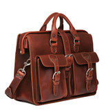 High quality side profile of the red brown leather flight bag briefcase showing the sizing and storage available. Made by Saddleback