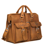 Tan flight bag briefcase from the front with two handles and a shoulder strap. Made by Saddleback