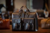 High quality lifestyle photo of the flight bag leather briefcase in dark brown. Made by Saddleback