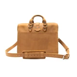 High quality tan flight leather bag briefcase from the back with two handles and a shoulder strap. Made by Saddleback
