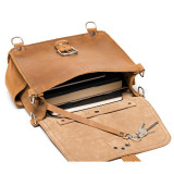 High quality open view of a tan brown rounded leather satchel.