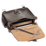 High quality open view of a dark brown rounded leather satchel.