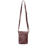 High quality front view of the Crossbody Leather Zipper Pouch in red brown hanging