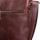 High quality up close side view of the Crossbody Leather Zipper Pouch in red brown