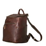 High quality side view of the leather all in one backpack in red brown