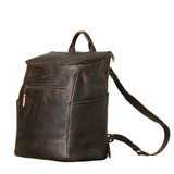 High quality side view of the leather all in one backpack in dark coffee